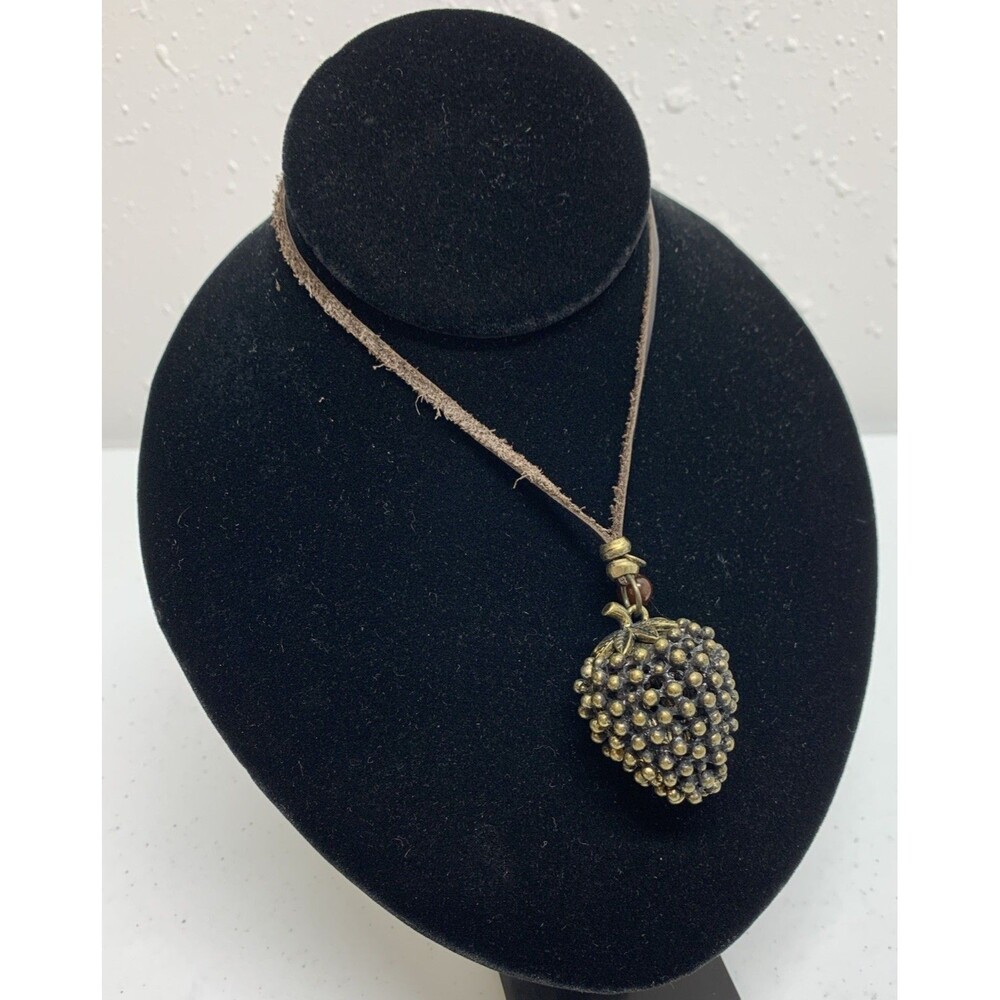 Vintage Bumpy Strawberry Leather Cord Necklace Boho Bronze 3D 34”